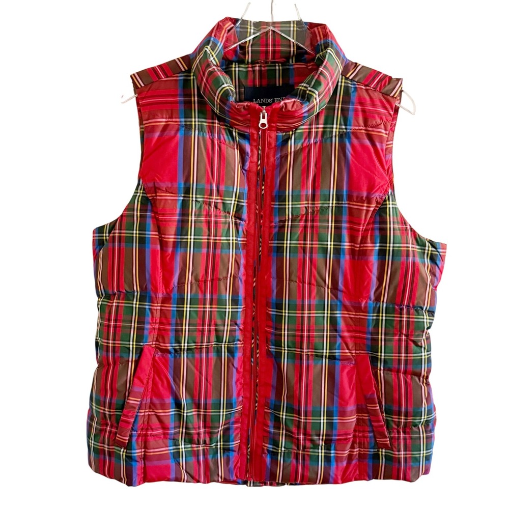 XL Lands' End Down Tartan Red Plaid Vest Size 18 - Picture 2 of 11